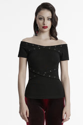 Schwarze Bluse im Gothic-Stil mit schulterfreiem Design, kurzen Ärmeln und Ösenriemen für Damen